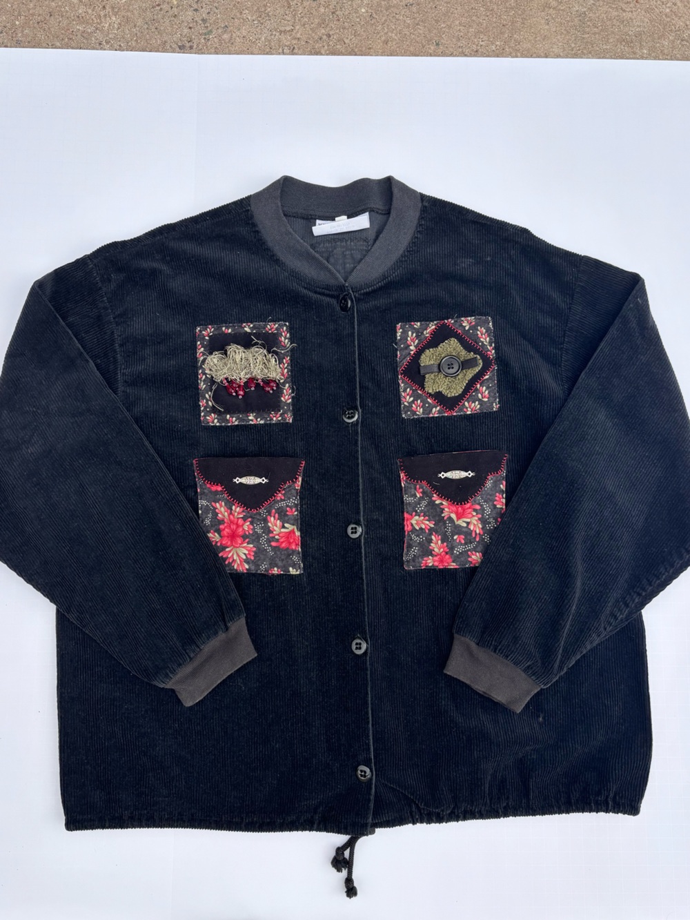 Women’s Black Corduroy Button Jacket with Floral Patch Accents